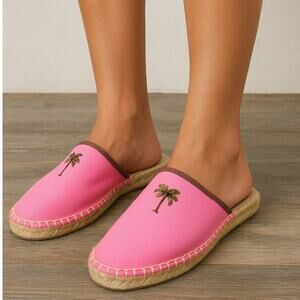 J Crew Pink Palm Tree Espadrille Mules Shoe Slides Size 10 Palm Beach Chic